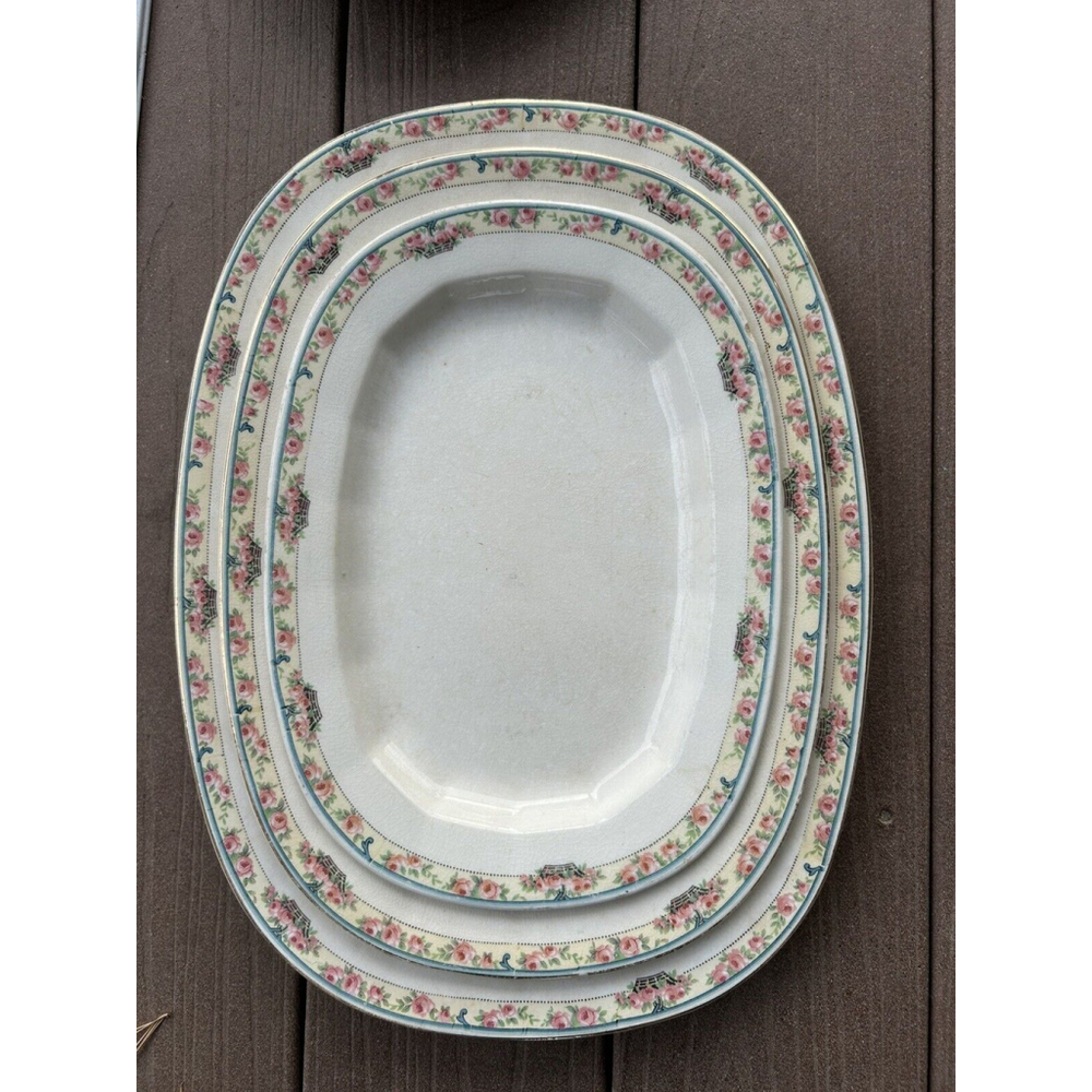 Vintage Edwin Knowles Vitreous China Basket Of Roses Rectangle Platter Set Of 3